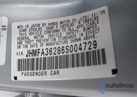 2006 Honda Civic Hybrid from USA, damaged, VIN JHMFA36286S004729